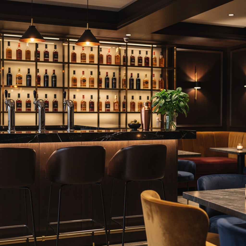 Elegant bar area with warm lighting and cocktail glassware