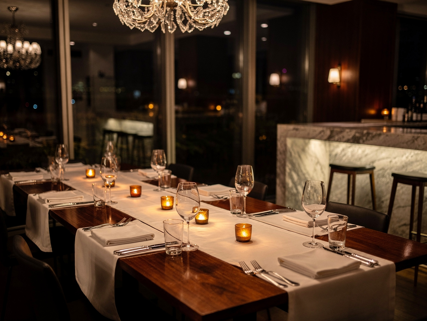 Cozy dining atmosphere at Misto with warm lighting and elegant table settings