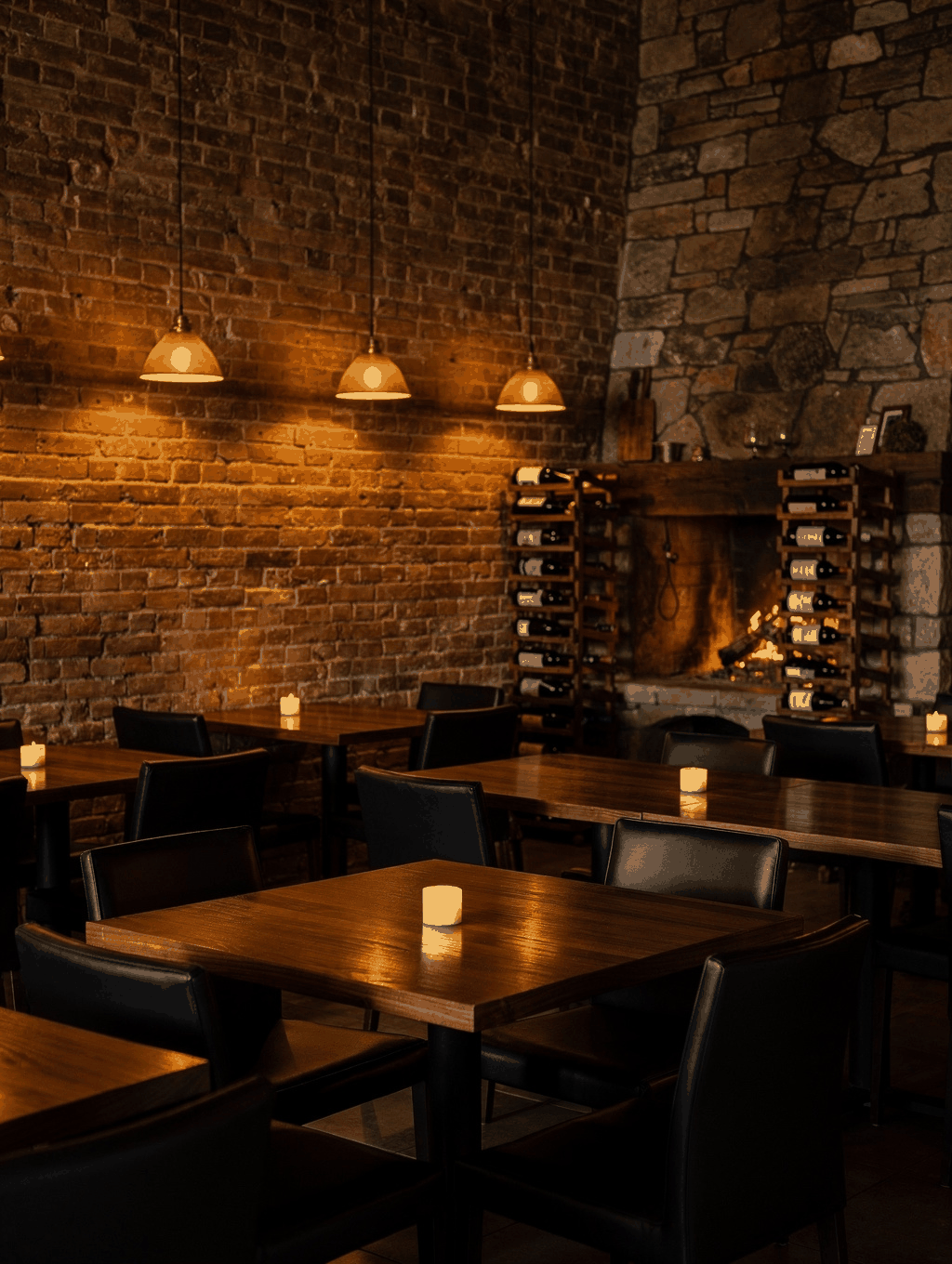 Cozy Italian dining room with rustic brick walls and warm lighting