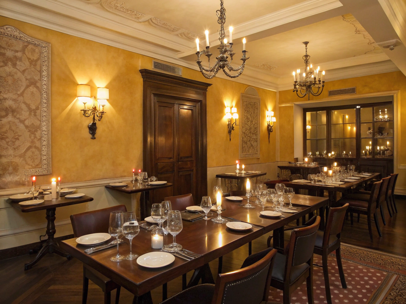 Private Italian dining room with warm candlelit table