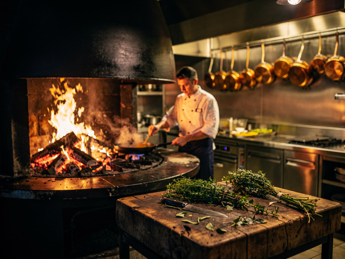 Chef cooking over an open wood-fired hearth in the kitchen