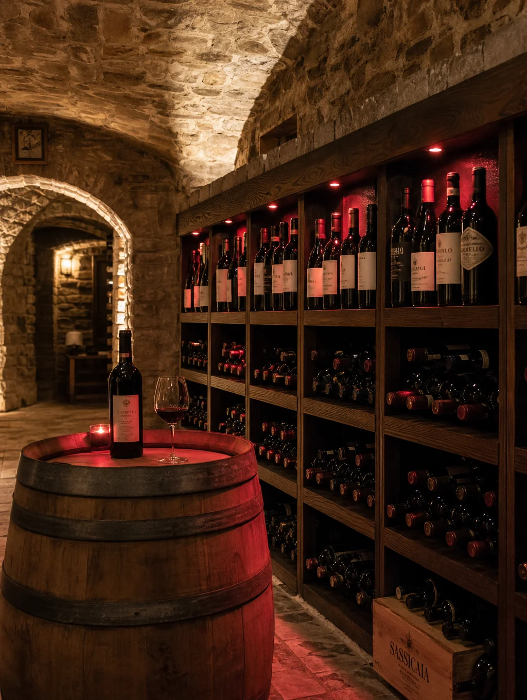 Private dining cellar with rows of vintage wine bottles